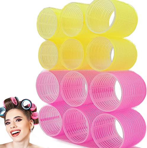 Jumbo Hair Rollers Sets, 12 Pcs Self Grip Salon Hair Dressing Curlers, Jumbo Large Rollers for Long Short Hair, DIY Curly Hairstyle for Women, Colors May Vary (6XJumbo+6XLarge)