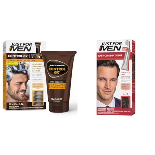 Just for Men Control GX Grey Reducing 2-in-1 Shampoo and Conditioner & Easy Comb-In Color Mens Hair Dye, Easy No Mix Application with Comb Applicator