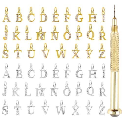 Kalolary Letter Dangle Nail Charm, 3D Piercing Alphabet Rhinestone Alloy Jewelry Hoops with Nail Piercing Tool Hand Drill for Valentine's Day Birthday Nail Art Decoration