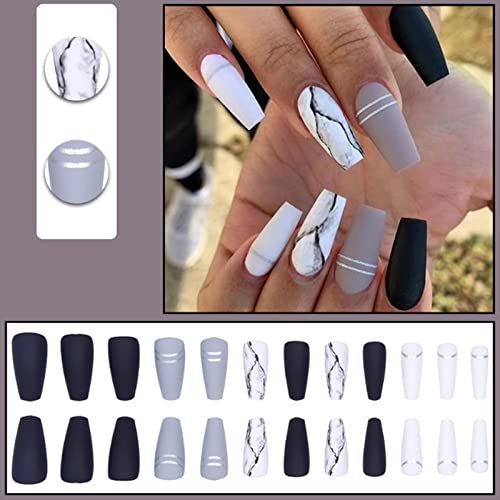 Kamize White Press on Medium Fake Nails Coffin Full Cover Acrylic Marble False Nails for Women and Girls 24PCS - Image 4