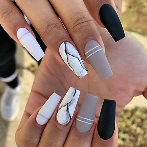 Kamize White Press on Medium Fake Nails Coffin Full Cover Acrylic Marble False Nails for Women and Girls 24PCS
