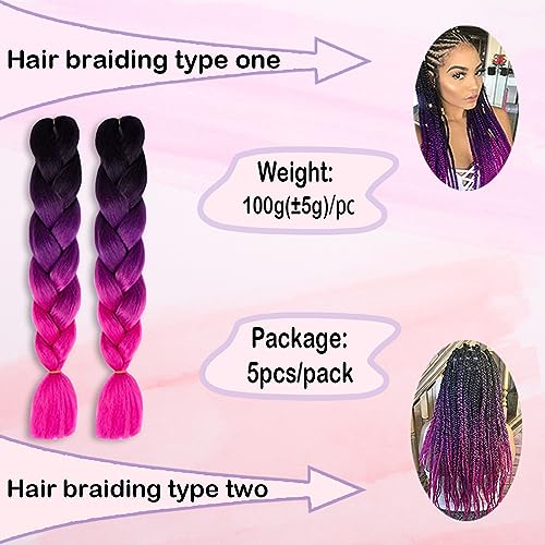 Kanekalon Ombre Braiding hair synthetic Crochet braids twist 24inch 5pcs/lot 100g Ombre two three tone Jumbo braid hair extensions Dreadlocks (black-purple-rose) - Image 3