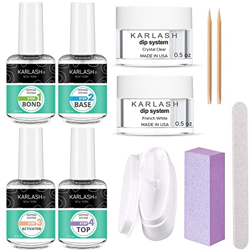 Karlash Dip Powder Kit French White Kit , USA MADE, 15ml Bottles, Bond, Top Coat, Base Coat, Activator, Crystal Clear, French/Pure White Powder, File, Buffer, Easy Nail Art Without UV Lamp Cure Nail
