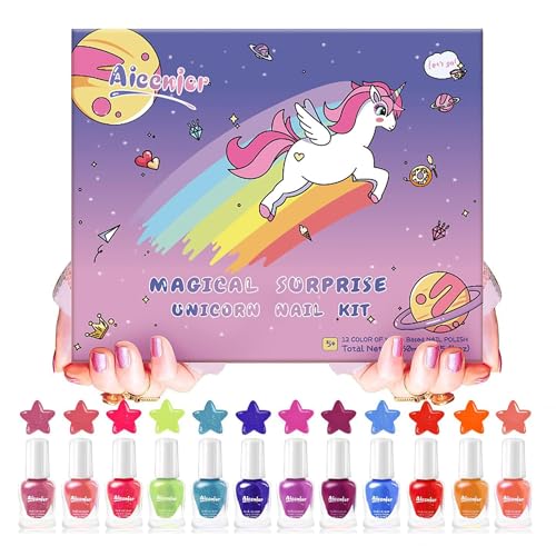 Kid Nail Polish Set -12 Color Nail Polish Kit Non Toxic Peel-Off Safe Water Based Low Odor for Girls