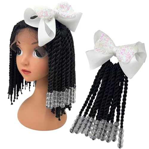 Kids Ponytail Hair Extension Braid Girls Braided Ponytail Hair Extension Clip On Go For Girls Beads,Black Hair Band & Bow Included,Detachable and Reusable (white)