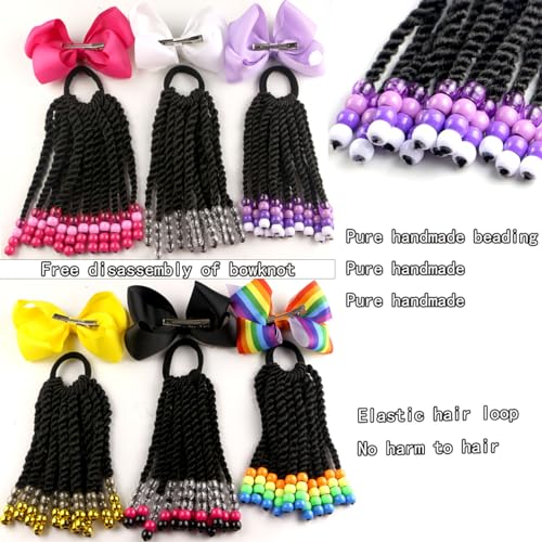 Kids Ponytail Hair Extension Braid Girls Braided Ponytail Hair Extension Clip On Go For Girls Beads,Black Hair Band & Bow Included,Detachable and Reusable (white) - Image 2