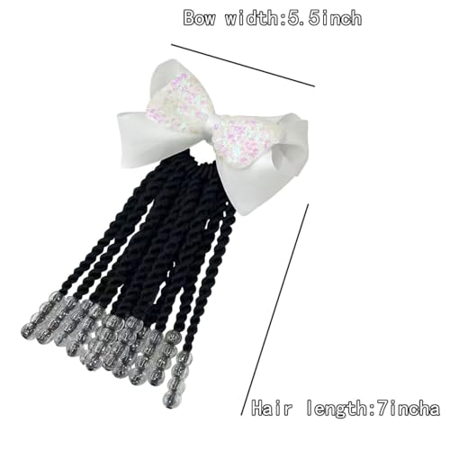 Kids Ponytail Hair Extension Braid Girls Braided Ponytail Hair Extension Clip On Go For Girls Beads,Black Hair Band & Bow Included,Detachable and Reusable (white) - Image 3