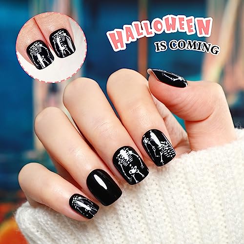 Kikmoya 24 Pcs Black Short Squoval Press On Nails with White Skeleton Design - Image 6