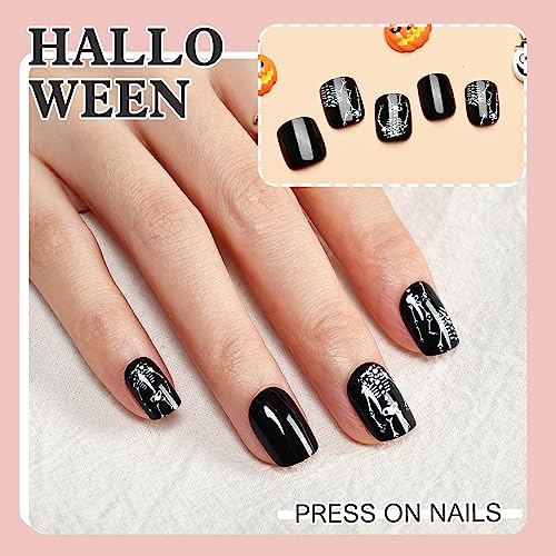 Kikmoya 24 Pcs Black Short Squoval Press On Nails with White Skeleton Design - Image 5