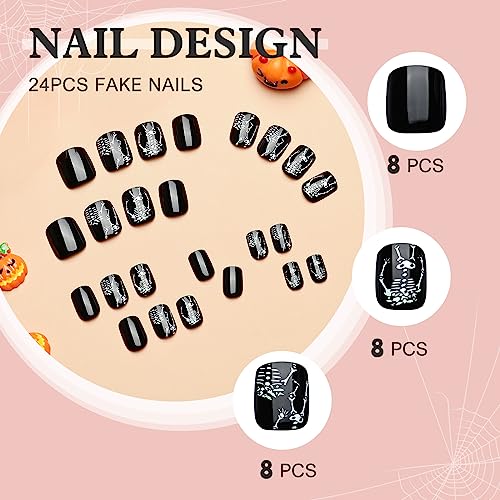 Kikmoya 24 Pcs Black Short Squoval Press On Nails with White Skeleton Design - Image 2