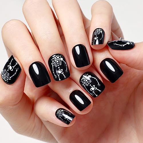Kikmoya 24 Pcs Black Short Squoval Press On Nails with White Skeleton Design