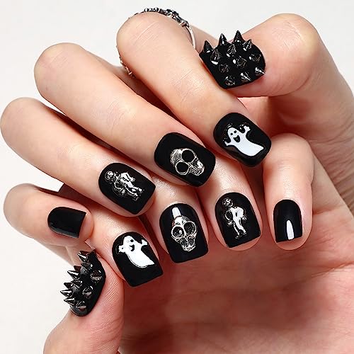 Kikmoya 24 Piece Short Black Skeleton Ghost Design Press On Nails Set