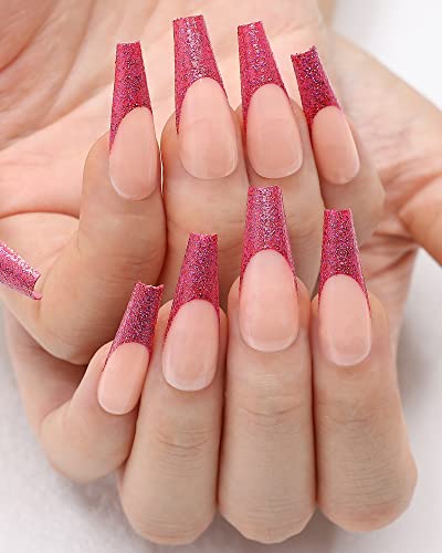 Kikmoya 24pc Extra Long Coffin Red Glitter French Tip Press On Nails for Women - Image 5