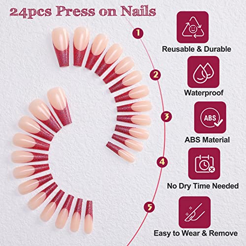 Kikmoya 24pc Extra Long Coffin Red Glitter French Tip Press On Nails for Women - Image 3