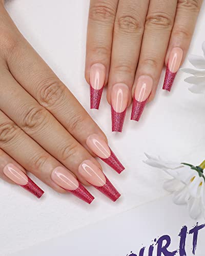 Kikmoya 24pc Extra Long Coffin Red Glitter French Tip Press On Nails for Women - Image 6