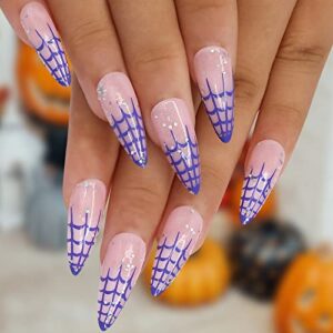 Kikmoya Halloween Press on Nails Medium Length Stiletto Pink Fake Nails with Purple Sipder Web Design 24pcs Glossy Glitter Stick on Nails for Women Artificial False Nails (Purple Spider Web Stiletto)