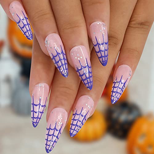 Kikmoya Halloween Press on Nails Medium Length Stiletto Pink Fake Nails with Purple Sipder Web Design 24pcs Glossy Glitter Stick on Nails for Women Artificial False Nails (Purple Spider Web Stiletto)