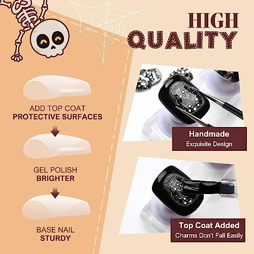 Kikmoya Halloween Press on Nails Short Fake Nails with Skull Gray Studs Rhinestones Design 24pcs 3D Square Glossy Acrylic Spooky False Nails Squoval Artificial Full Cover Stick on Nails for Women - Image 3