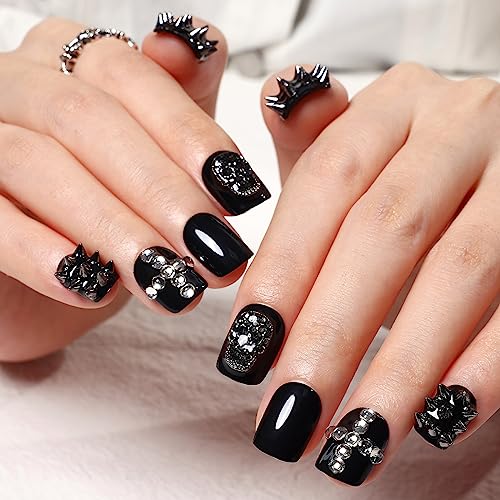Kikmoya Halloween Press on Nails Short Fake Nails with Skull Gray Studs Rhinestones Design 24pcs 3D Square Glossy Acrylic Spooky False Nails Squoval Artificial Full Cover Stick on Nails for Women