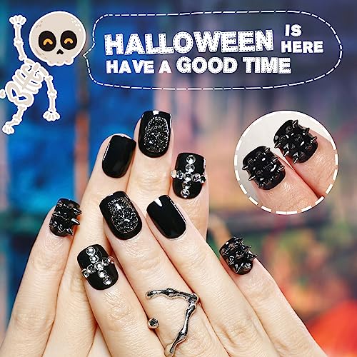Kikmoya Halloween Press on Nails Short Fake Nails with Skull Gray Studs Rhinestones Design 24pcs 3D Square Glossy Acrylic Spooky False Nails Squoval Artificial Full Cover Stick on Nails for Women - Image 6