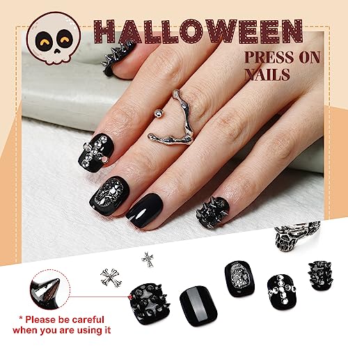 Kikmoya Halloween Press on Nails Short Fake Nails with Skull Gray Studs Rhinestones Design 24pcs 3D Square Glossy Acrylic Spooky False Nails Squoval Artificial Full Cover Stick on Nails for Women - Image 5