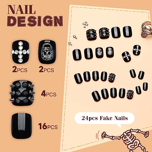 Kikmoya Halloween Press on Nails Short Fake Nails with Skull Gray Studs Rhinestones Design 24pcs 3D Square Glossy Acrylic Spooky False Nails Squoval Artificial Full Cover Stick on Nails for Women - Image 2
