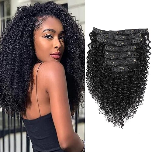 Kinky Curly Clip in Hair Extensions Real Human Hair for Black Women 3C 4A Kinkys Curly Human Hair Clip ins Brazilian Remy Hair Natural Black 7pcs 17 Clips 100g/Set (14 Inch, Kinky Curly)
