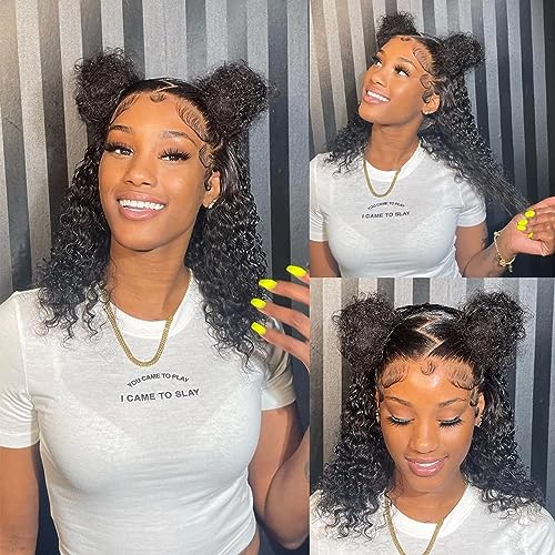 Kinky Curly Lace Front Wig Human Hair HD Transparent 13x4 Short Lace Front Wigs Human Hair 16 inch 180 Density Mongolian Afro Kinky Curly Human Hair Wig Lace Front Wigs Human Hair Pre Plucked