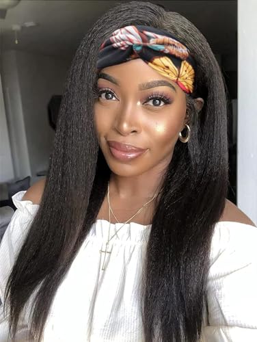Kinky Straight 24 Inch Yaki Headband Wig Glueless Synthetic for Black Women