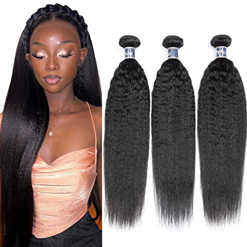 Kinky Straight Hair 3 Bundles 12 12 12 Inch Yaki Human Hair Weave Unprocessed Brazilian Virgin Kinky Straight Bundles Sew in Hair Extensions 1 B Color