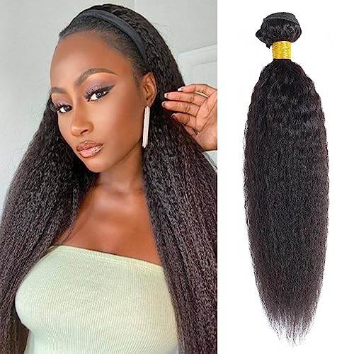 Kinky Straight Human Hair Bundles Long Brazilian Virgin Hair Bundles Yaki Straight Weave Bundles Human Hair Natural Black Color Yaki Bundles Can Be Dyed Single Bundle 100g 20 Inch