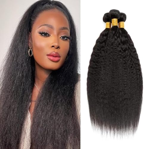 Kinky Straight Human Hair Bundles Short Brazilian Virgin Hair Bundles Yaki Straight Weave Bundles Human Hair Yaki Bundles Natural Black Color Can Be Dyed Total 300g 10 12 14 Inch