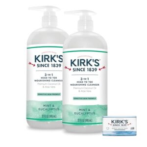 Kirk's 3 in 1 Castile Clean Mint Shampoo Body Wash Liquid Soap Travel Size Bar Soap (1.13 oz.) | Mint & Eucalyptus Scent | For Men, Women & Children | 32 Fl Oz. - 2 Pack