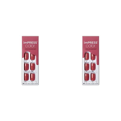 KISS imPRESS Color Polish-Free Solid Color Press-On Nails, PureFit Technology, Short Length, Platonic Pink', Includes Prep Pad, Mini Nail File, Cuticle Stick and 30 Fake Nails (Pack of 2)