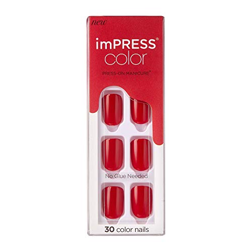 KISS imPRESS No Glue Mani Press On Nails, Color, 'Reddy or Not', Red, Short Size, Squoval Shape, Includes 30 Nails, Prep Pad, Instructions Sheet, 1 Manicure Stick, 1 Mini File