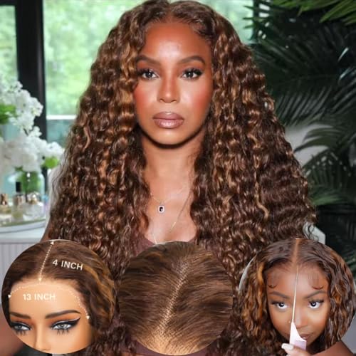 KLAIYI 18 Inch 13x4 Glueless Highlight Water Wave Lace Front Wig Pre Plucked Piano Brown Balayage Curly