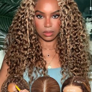 KLAIYI Pre Everything 13x4 Glueless Lace Frontal Wigs Human Hair Bye Bye Knots Highlight Blonde Curly Pre Cut Lace Wig Pre Plucked Ombre Transparent Deep Wave Wig Put On and Go Wig Easy to Wear 18inch