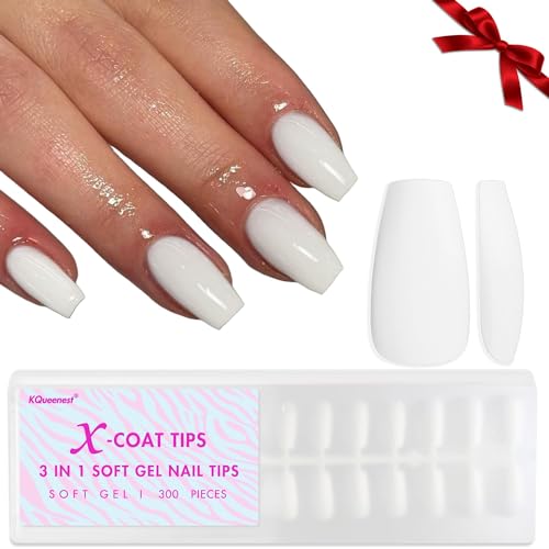 KQueenest Gel x Nail Tips Short Coffin - Soft Acrylic Press on Nails Short Medium,Natural Pre Colored X Coat Tips,Translucent T Shape Fake Nails Press ons 15 Sizes Fit All Nail Bed (White)