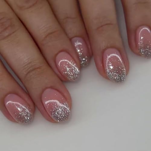 KQueenest Glitter Ombre Pink Press on Nails Short Round,Iridescent Shimmer Oval Acrylic Fake Nails,Gel Nails Press ons,French Glue on Nails with Bling Design for Home Manicure in 24 PCS