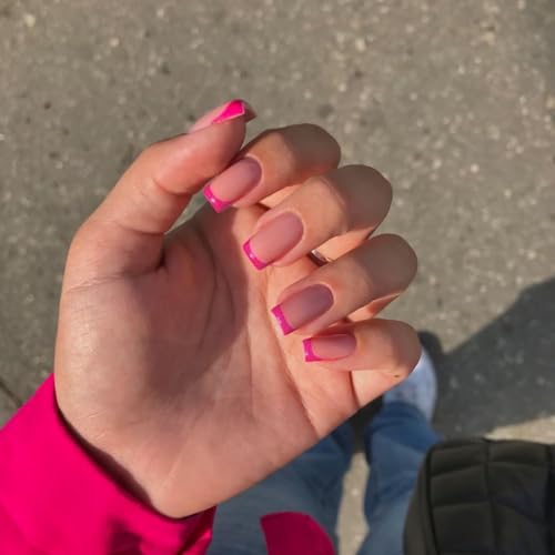 KQueenest Hot Pink French Tip Press on Nails Short Square,Natural Nude Gel Nails Press On,Durable Short Coffin Fake Nails Acrylic Stick On Nails with Design,Petite False Nails in 30 PCS - Image 2