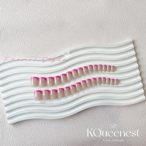 KQueenest Hot Pink French Tip Press on Nails Short Square,Natural Nude Gel Nails Press On,Durable Short Coffin Fake Nails Acrylic Stick On Nails with Design,Petite False Nails in 30 PCS - Image 4