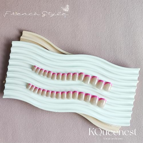 KQueenest Hot Pink French Tip Press on Nails Short Square,Natural Nude Gel Nails Press On,Durable Short Coffin Fake Nails Acrylic Stick On Nails with Design,Petite False Nails in 30 PCS - Image 5