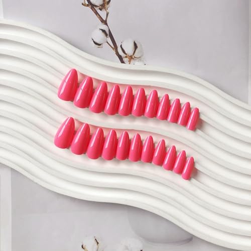 KQueenest Hot Pink Press on Nails Medium Stiletto Almond, Pure Color Acrylic Nails Set Reusable Medium Fake Nails Press ons with Feature for Women in 24PCS - Image 4