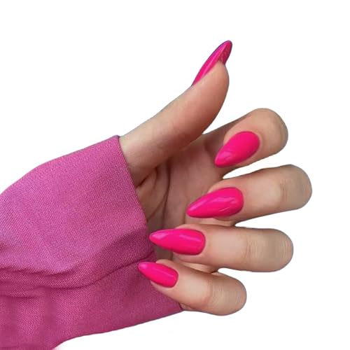 KQueenest Hot Pink Press on Nails Medium Stiletto Almond, Pure Color Acrylic Nails Set Reusable Medium Fake Nails Press ons with Feature for Women in 24PCS