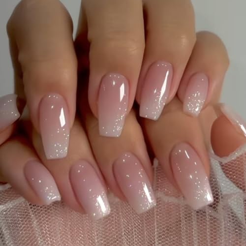 KQueenest Shimmer Ombre Pink Medium Short Coffin Press On Nails Glazed Finish - Image 3