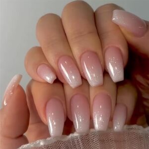 KQueenest Shimmer Ombre Pink Medium Short Coffin Press On Nails Glazed Finish