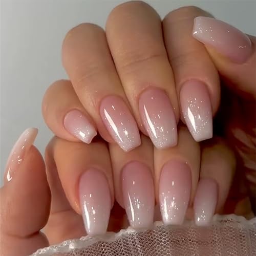 KQueenest Shimmer Ombre Pink Medium Short Coffin Press On Nails Glazed Finish