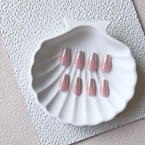 KQueenest Shimmer Ombre Pink Medium Short Coffin Press On Nails Glazed Finish - Image 5