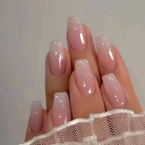 KQueenest Shimmer Ombre Pink Medium Short Coffin Press On Nails Glazed Finish - Image 2