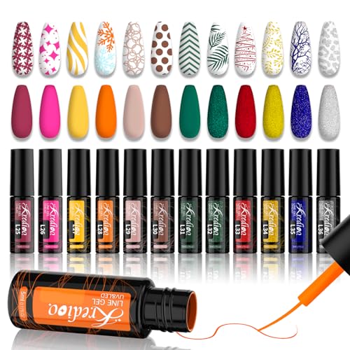 Kredioo Gel Liner Nail Art Polish, Christmas 12 Colors Soak off Polishes Kit for Fall Winter New Year Nails Designs UV Lamp Needed Salon Gel Polish with Thin Brush